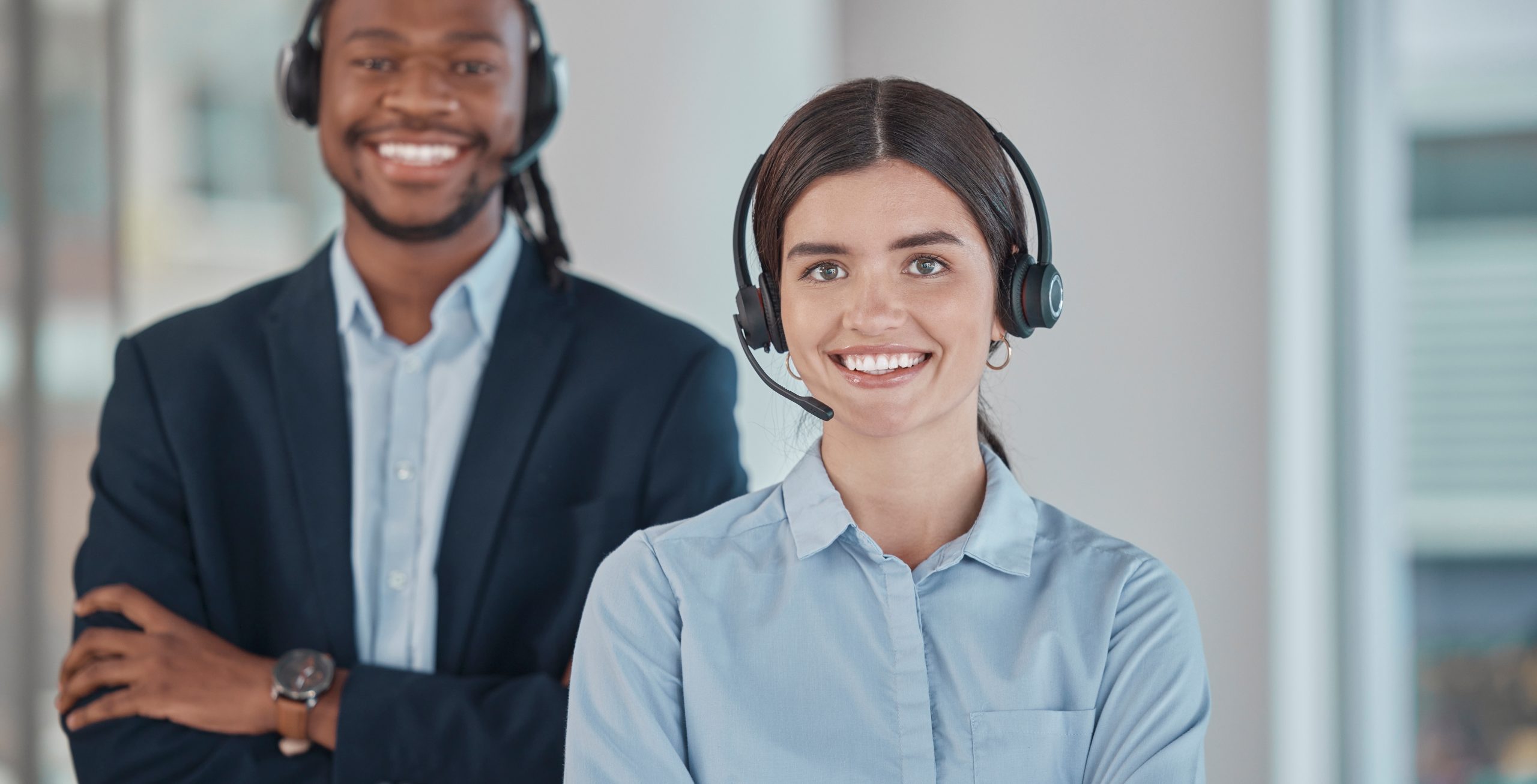 Business people, call center and portrait smile for contact us, telemarketing or customer service a.